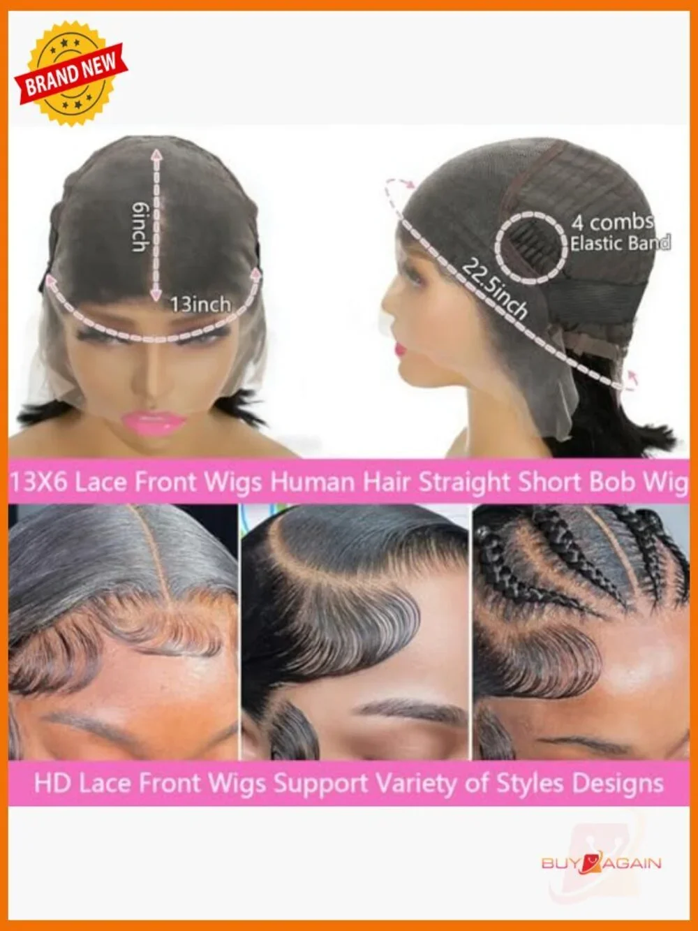 13x6 Lace Front Wig Human Hair Pre Plucked Straight Bob Glueless